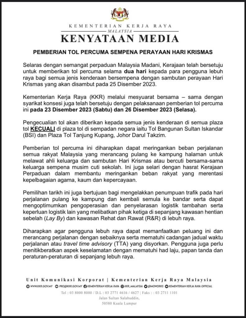 Kenyataan rasmi Kementerian Kerja Raya Malaysia berhubung tol percuma sempena Krismas